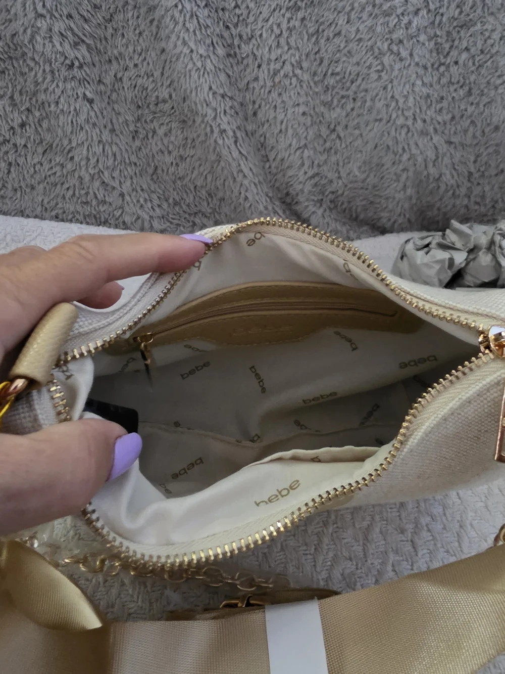bebe Paisley Canvas Crossbody Bag with Coin Purse in the Almond